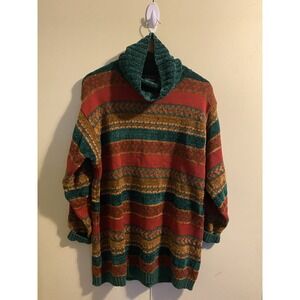 Liz Sport Red Knit Pullover Turtleneck Sweater Small Green Gold Chenille Trim S